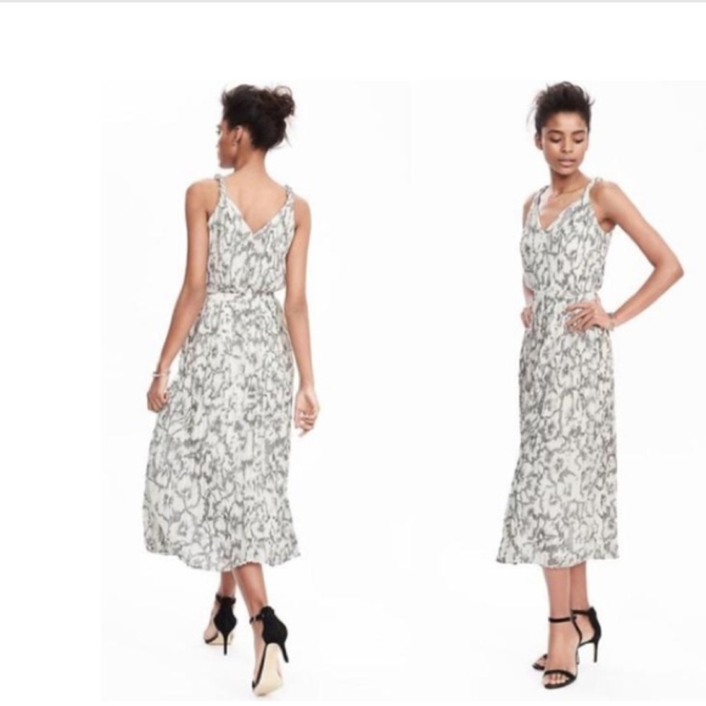 Banana Republic White Chiffon Pleated Sketch Floral Midi Formal Cocktail Dress